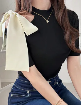 Camiseta de manga larga para mujer con cuello alto y redondo, hombros descubiertos, lazo de contraste, ajuste ceñido, estilo dulce y elegante, top de - Shein - FashionsVida