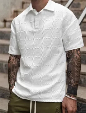 Men's Summer Trendy Short Sleeve T-Shirt Casual Fashion Lapel Shirt Daily Stylish Jacquard Small Check Pattern - Aliexpress - FashionsVida