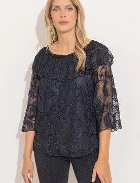 Women's Embroidered Lace Bardot Top in Black Size: 22 - Black - Size: 22 - Klass. - FashionsVida