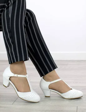 Women's Mid Block Heel T-Bar Comfort Brogue Court Shoes in White Size: 7 - White - Size: 7 - Ajvani - FashionsVida