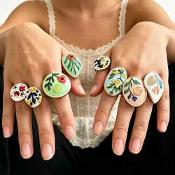 Creative Fresh Vintage Elegant Geometric Irregular Oil Painting Opening Ring for Women Design Rural Ethnic Style Jewelry Gifts