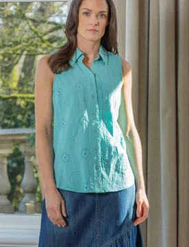 Women's Sleeveless Embroidered Cotton Blouse in Aqua Size: 18 - Aqua - Size: 18 - Klass. - FashionsVida