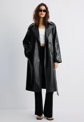 Langer Trenchcoat in Kunstlederoptik Schwarz XS