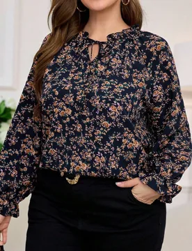 Camisa de manga larga con cuello de volantes y estampado floral diminuto, elegante, para mujer talla grande, otoño 3XL - Shein - FashionsVida
