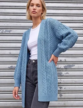 Women's Chunky Cable Cardigan Sweater in Blue Size: 16 - Blue - Size: 16 - Roman - FashionsVida