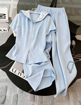 Conjunto casual de 2 piezas para mujer talla grande, chaqueta con cremallera y pantalones de pierna ancha con patchwork de encaje azul, primavera & ve - Shein - FashionsVida