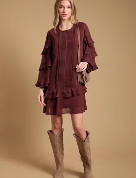 Women's Ruffle Tiered Mini Dress in Chocolate Size: 6 - Chocolate - Size: 6 - OASIS - FashionsVida