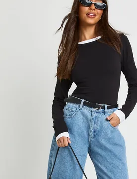 Womens Basic Long Sleeve Fitted Longline Top - Black Cotton - Size 10 Uk - Boohoo - FashionsVida