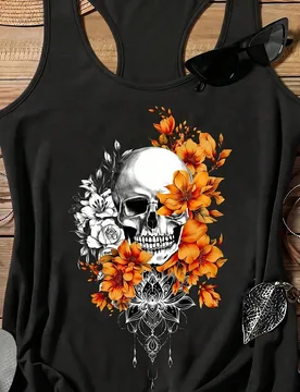 Blusa de tirantes de talla grande con cuello redondo y estampado floral y de calavera, de estilo casual para verano 4XL - Shein - FashionsVida