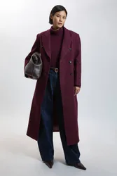 Women's Petite Wool Double Breasted Tailored Maxi Coat in Burgundy Size: 12 - Burgundy - Size: 12