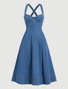 Vestido de tirantes de mezclilla para mujer, vestido casual ajustado de longitud media en azul, atuendos de vacaciones para mujer, vestidos romántico - Shein - FashionsVida