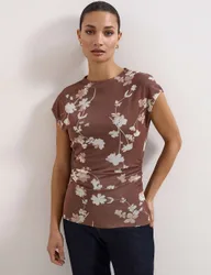 Mesh Jersey Floral Ruched Top Brown Mix female