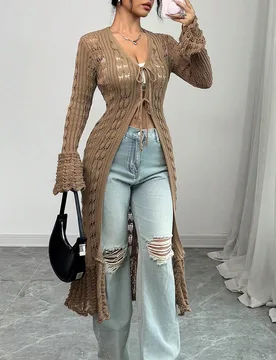 Cárdigan largo de punto con cuello en V, mangas largas y puños acampanados, ajustado, para mujer, color marrón, para primavera y otoño XL - Shein - FashionsVida