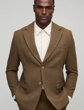 Herren Straight Fit Blazer in Woll-Optik Mocha Größe 38 - boohooMAN - FashionsVida