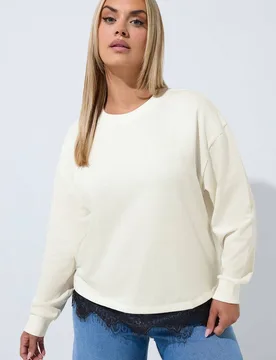Women's Lace Hem Sweatshirt in Cream Size: 14 - Cream - Size: 14 - Yours - FashionsVida