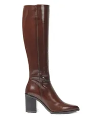 Leather Block Heel Pointed Knee High Boots Brown female
