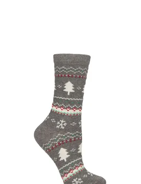 Women's 1 Pair Christmas Design Cotton Socks Christmas Tree One Size - Grey - Size: One Size - Charnos - FashionsVida