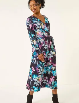 Women's Petite Abstract Stretch Midi Dress in Navy Size: 10 - Navy - Size: 10 - Roman - FashionsVida