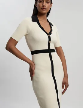 Women's Knit Rib With Contrast Waist Detail Collared Short Sleeve Midi Dress in Ivory Size: Small - Ivory - Size: S - Karen millen - FashionsVida