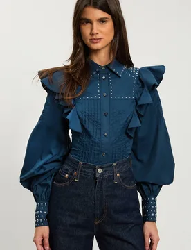 Women's Petite Cotton Sateen Drama Sleeve Studded Woven Maxi Shirt in Navy Size: 14 - Navy - Size: 14 - Karen millen - FashionsVida