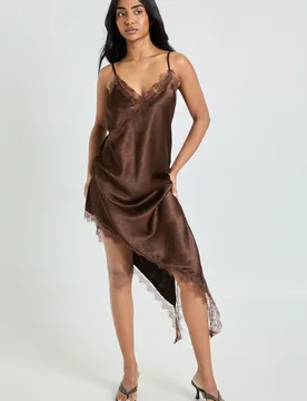 Womens Satin & Lace Asymmetric Slip Dress - Chocolate - Size 16 Uk - Boohoo - FashionsVida