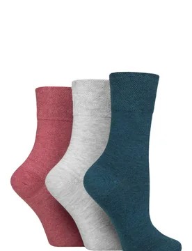 Women's 3 Pair FootNurse Gentle Grip Diabetic Socks Coral / Cloud Grey / Teal 4-8 - Assorted - Size: Small - IOMI - FashionsVida