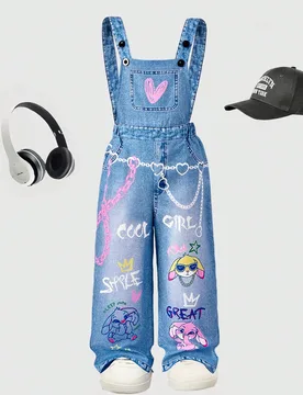Niña Joven Pantalón Peto con Estampado de Cadena de Moda, Estampado de Letra de Conejo, Artículo de Regreso a la Escuela, Mono Elegante para Primav - Shein - FashionsVida
