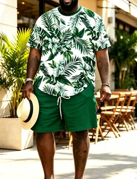 Conjunto de pantalón corto y camisa de manga corta con estampado de plantas tropicales para hombres talla grande, ajuste holgado, fresco y casual, co - Shein - FashionsVida