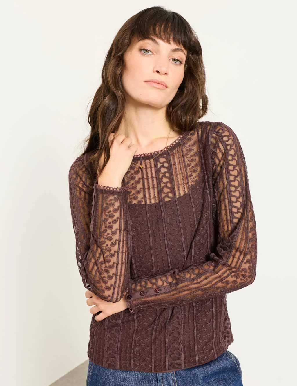 Lace Round Neck Top Chocolate female - Fatface - FashionsVida