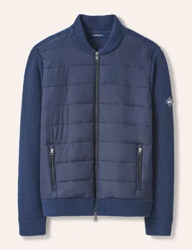 Hybrid Strickjacke mit Merinowolle, noch offen: Größenlauf, Farbe Blau, 50, modischer Zip-Blouson wattiertes Steppvorderteil Herren - Walbusch - FashionsVida