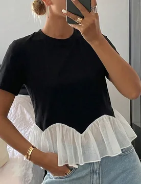 Top casual de verano para mujer de color liso, cuello redondo, manga corta, con patchwork de encaje, estilo lindo para la escuela S - Shein - FashionsVida