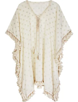 Vestido de playa de mujer corto con borlas y estampado de color con círculos dorados - Dolores Cortés - FashionsVida