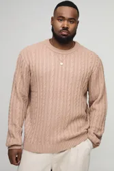 Herren Plus Basic Regular Fit Zopfstrick-Pullover Taupe Größe 2XL