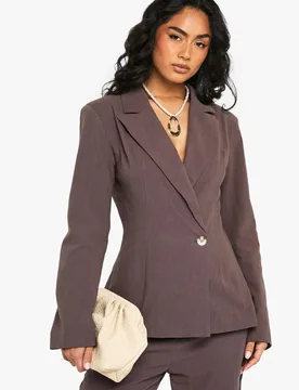 Womens Linen Fitted Wrap Front Blazer - Chocolate Cotton - Size 14 Uk - Boohoo - FashionsVida