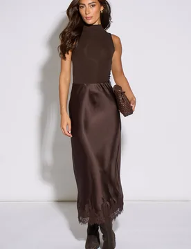 Women's Brown Contrast Lace Trim Satin Bias Skirt Size: 10 - Brown - Size: 10 - Gini London - FashionsVida