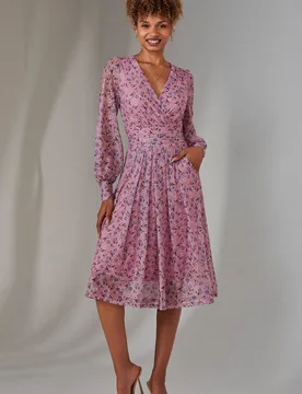 Women's Long Sleeve Lace Print Midi Dress in Light Pink Size: 10 - Light Pink - Size: 10 - Jolie Moi - FashionsVida