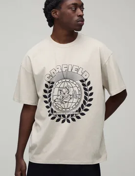 Herren Übergroßes Garfield Lizenz-Print Oberteil Stone Größe Medium - boohooMAN - FashionsVida