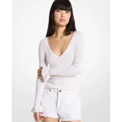 Jersey de mujer acanalado de mezcla de lana con cuello de pico