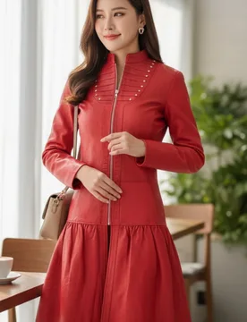 Womens Ribet Goth Red Victorian Studded Flare Coat- Mist Lamb Leather - Size X-Small - Infinity Leather - FashionsVida