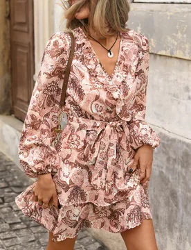Vestido mini de manga larga con estampado bohemio marrón para mujer, vestido con mangas de farol con volantes en capas S - Shein - FashionsVida