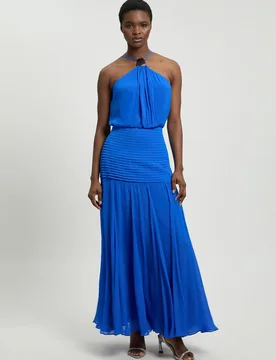Womens Viscose Georgette Drop Hem Woven Halter Neck Maxi Dress - Blue - Size 14 Uk - Karen millen - FashionsVida