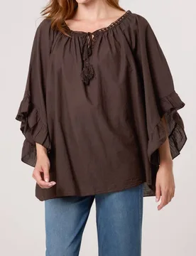 Women's Brown Three Quarter Sleeve Slip On Bardot Top - Brown - Size: One Size - Blue Vanilla - FashionsVida