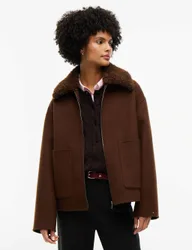 Wool Rich Collared Zip-Through Bomber Jacket Brown female