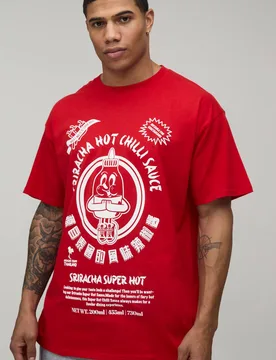 Herren Siracha Hot Chilli Sauce Oversized License Print T-Shirt Red Größe XS - boohooMAN - FashionsVida