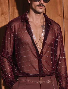 Camisa de manga larga con hilo metálico dorado & plateado para hombres, regalos de fiesta y cumpleaños para hombres XL - Shein - FashionsVida