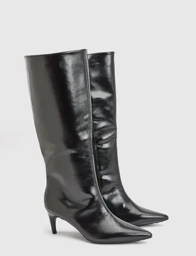 Womens Trixie Faux Leather Medium Stiletto Heel High Leg Boots - Black - Size Uk 6 - Faith - FashionsVida