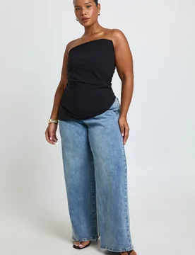 Womens Plus Bengaline Ruched Bandeau Asym Hem Top - Black - Size 28 Uk - Boohoo - FashionsVida