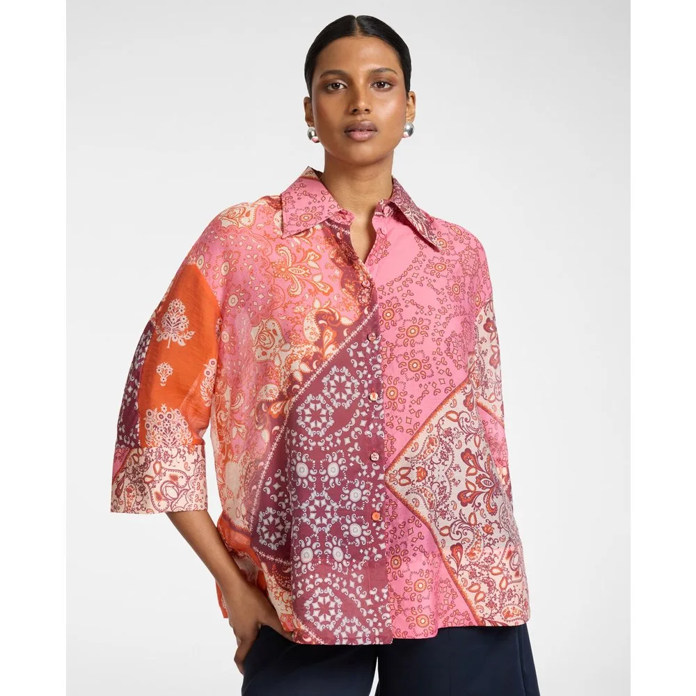 Camisa de mujer de organza de liocel estampada ajuste oversize con cierre de botones - Elena Miró - FashionsVida