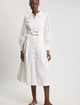 Women's Cotton Cutwork Woven Shirt Midi Dress in Ivory Size: 14 - Ivory - Size: 14 - Karen millen - FashionsVida