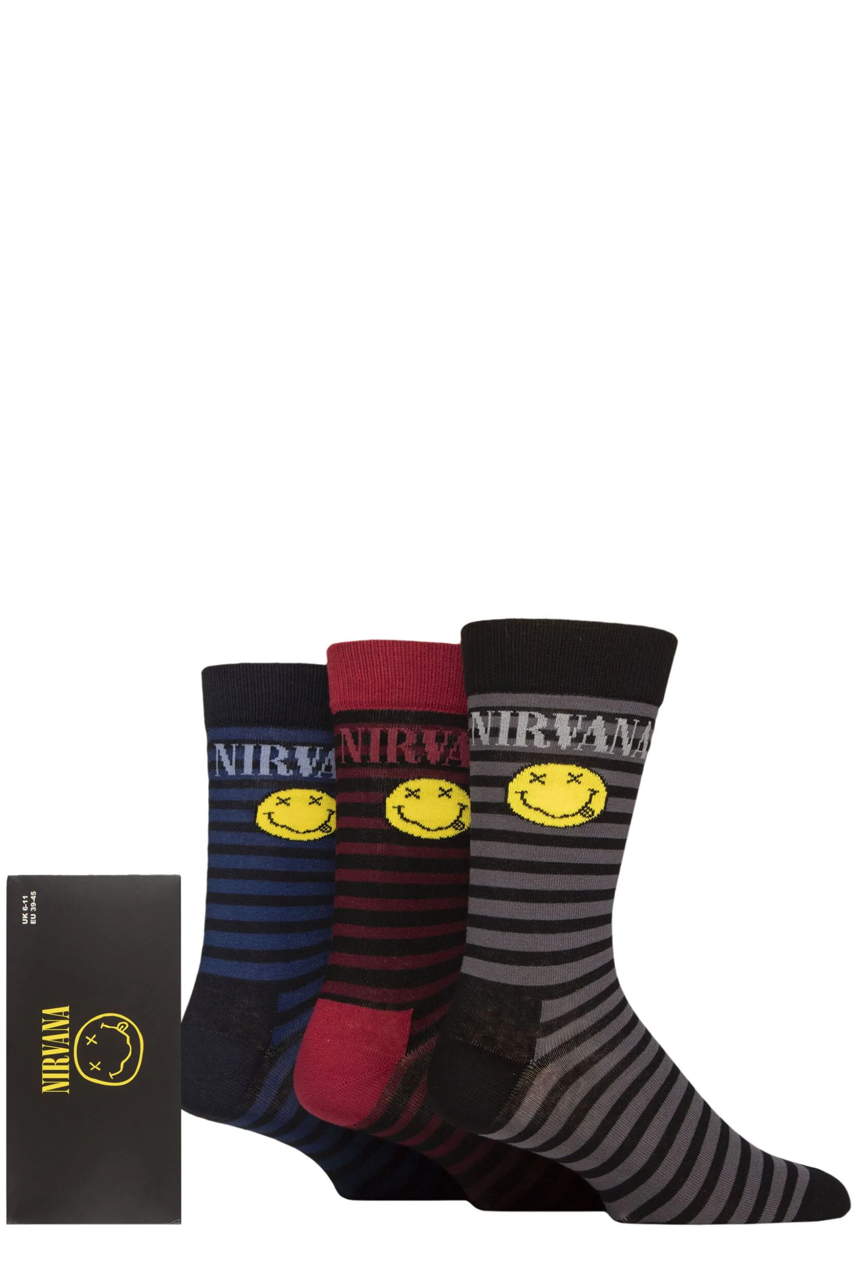 Music Collection 3 Pair Nirvana Gift Boxed Cotton Socks Smiley Stripes One Size - Multi Coloured - Size: One Size - SockShop - FashionsVida